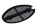 Black oval-shaped plastic grid with two circular holes and a cut-out on one end.