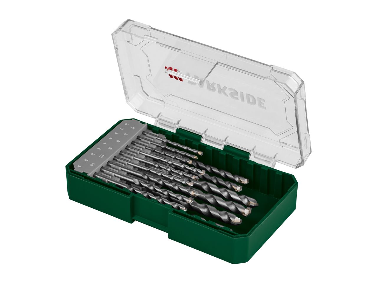 Drill bit set in a green and clear plastic case, with various sizes of drill bits.