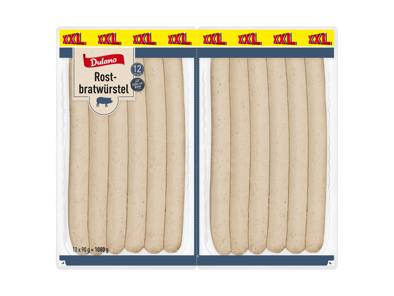 Zwei Packungen Rostbratwürste, insgesamt 12 Stück, zum Grillen und Braten, 1080g.