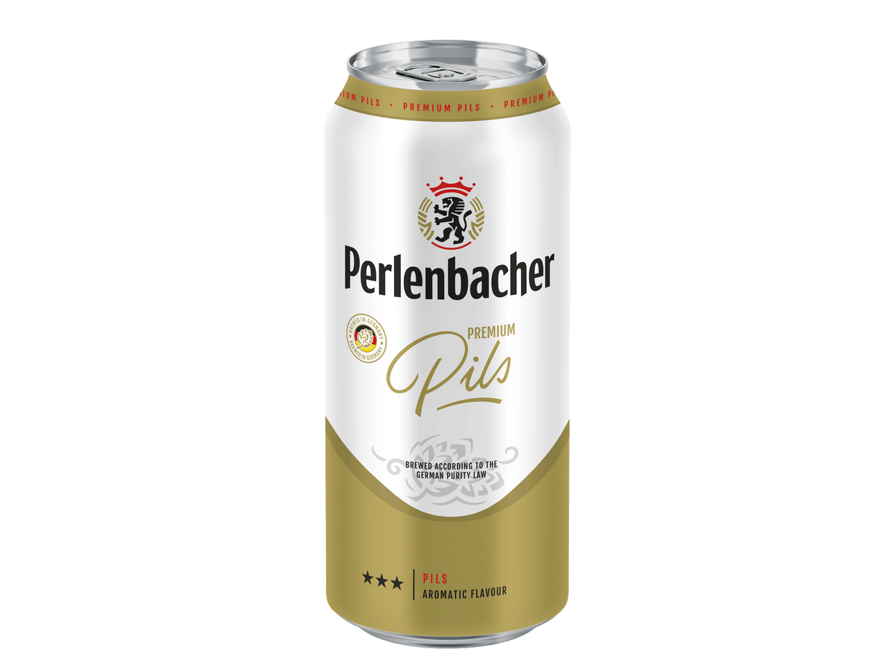 Bela limenka piva sa zlatnim detaljima, natpisom „Premium Pils“ i grbom lava.