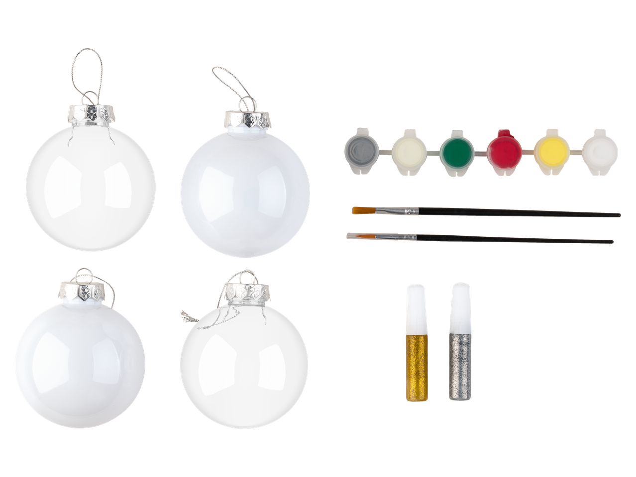 Jõulukuulide värvimiskomplekt nelja valge ornamendi, värvide, pintslite ja sädelusega.