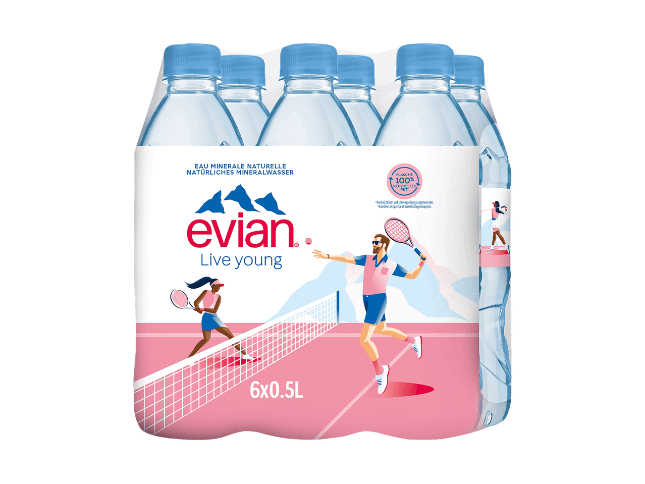 Evian Wasserflaschen im 6er-Pack mit Tennisspielern auf dem Etikett.