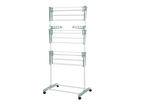 A freestanding, multi-tiered clothes drying rack with wheels and additional hanging bars.