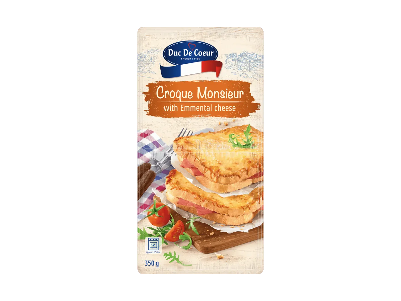 Confezione di Croque Monsieur con formaggio Emmental del marchio Duc De Coeur.