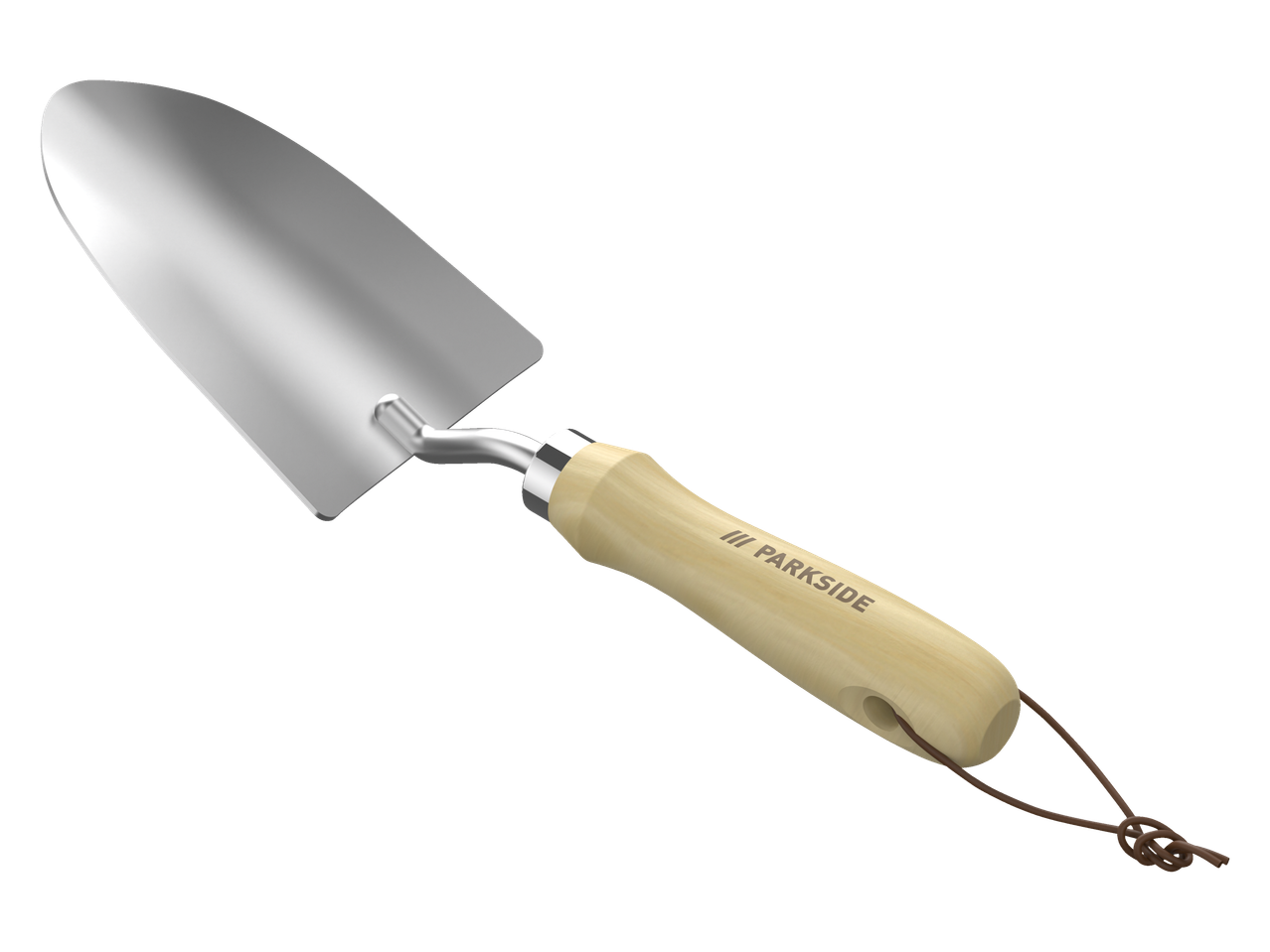 Parkside® sodo įrankis: sidabrinis kastuvėlis su medine rankena ir virvele.