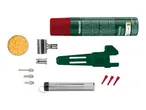 A soldering kit with a green handle, various metal tips, solder wire, a cleaning sponge, and a red and green aerosol can.