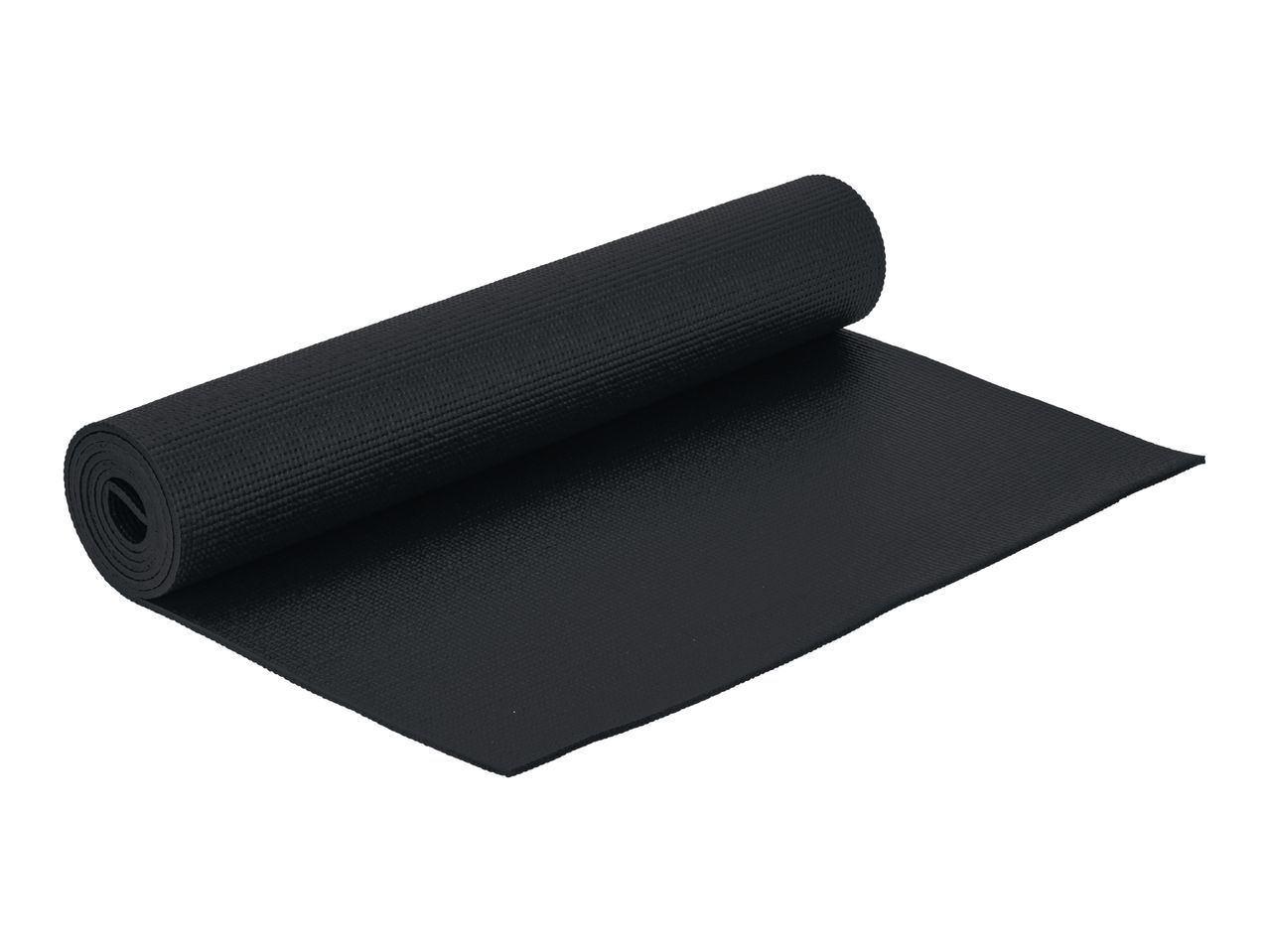 A black yoga mat, partially unrolled, on a white background.