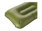 Close-up of an olive green inflatable camping mat with a visible valve.