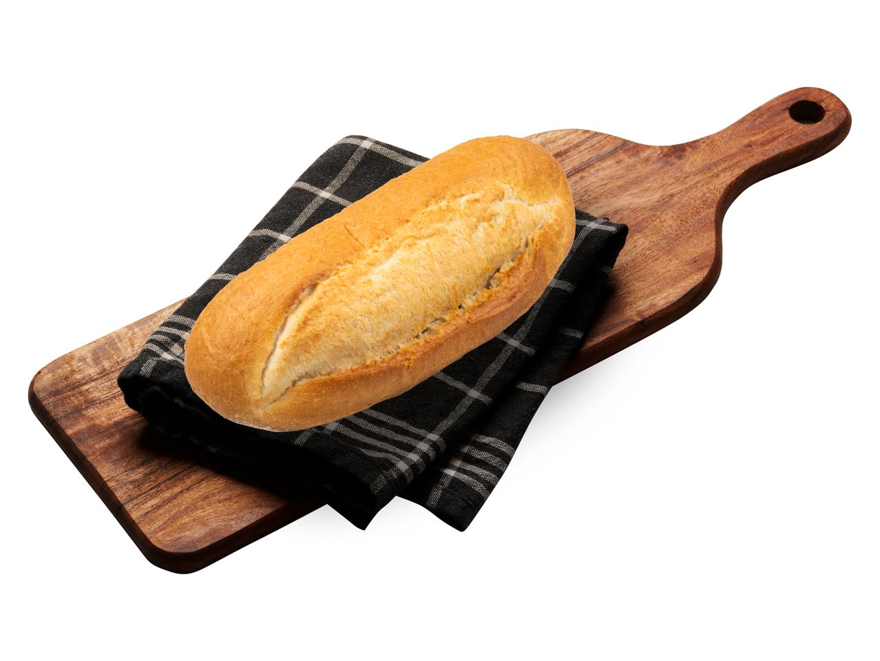 Bröd på en träbräda med en servett.