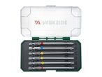 An open screwdriver bit set with various types of bits, including Phillips, Pozidriv, Torx, and Hex.