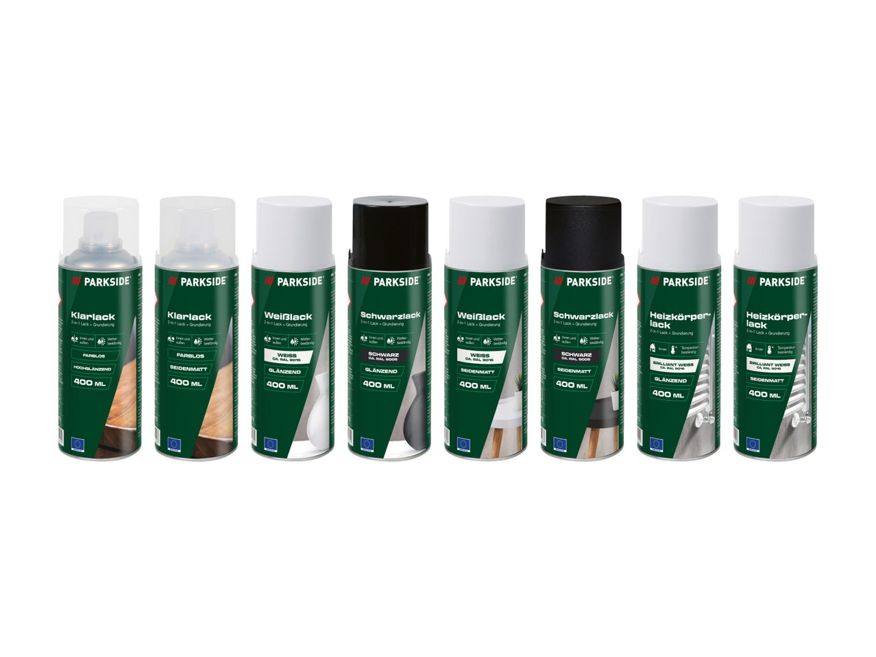 A row of eight spray paint cans, including clear, white, black, and radiator paints in glossy and matte finishes.