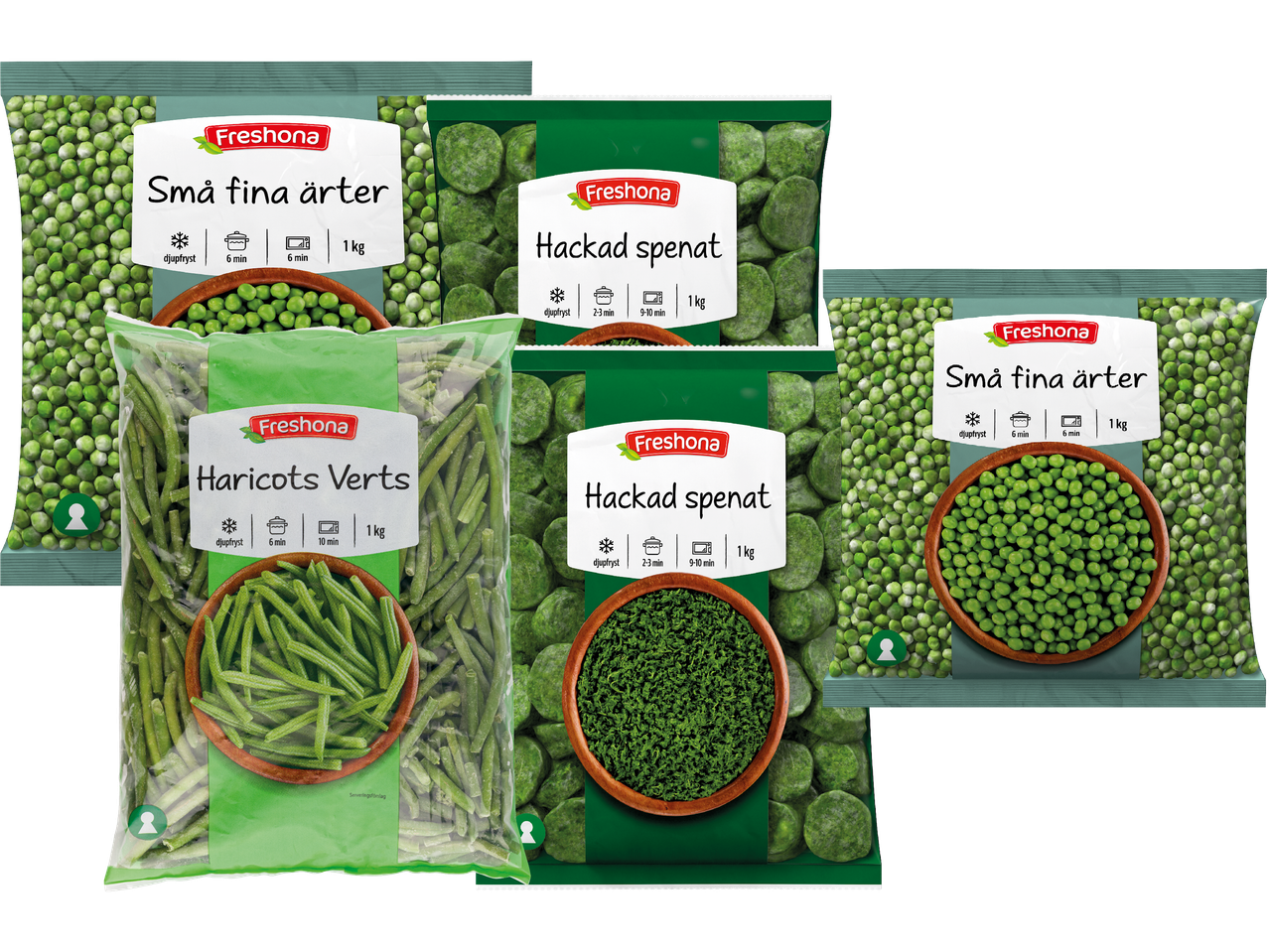 Freshona frysta grönsaker: ärtor, hackad spenat och haricots verts.