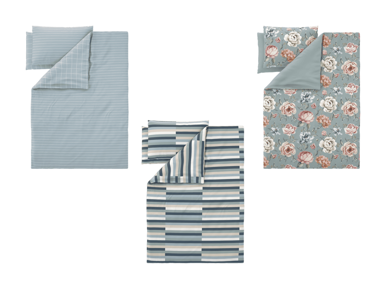 Drei Bettwäsche-Sets: hellblau gestreift, floral gemustert und mit bunten Streifen.