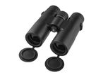 Black binoculars with lens caps open, showing the lenses, and a focus wheel with 'Fast Close Focu' text.