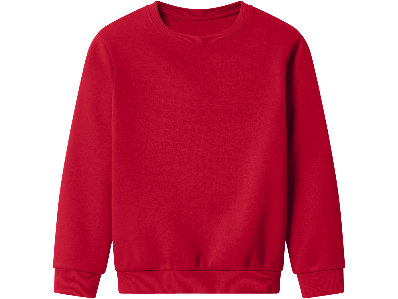 Red long-sleeved sweatshirt with a round neck and ribbed cuffs and hem.