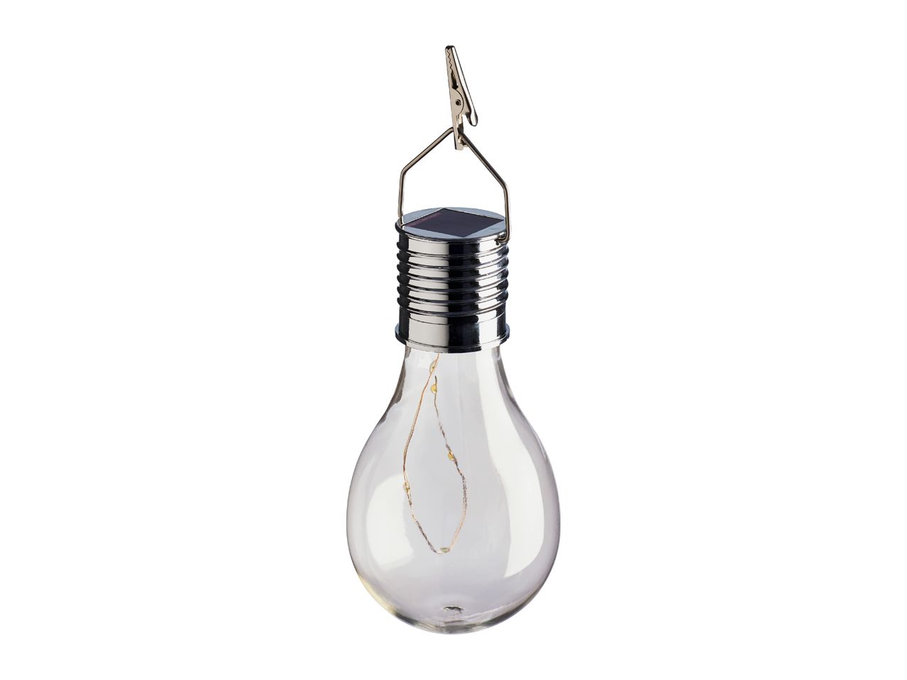 Solar-powered light bulb with a clip for hanging