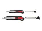 Two utility knives, one with an extended blade and one with a retracted blade, and two spare blades.
