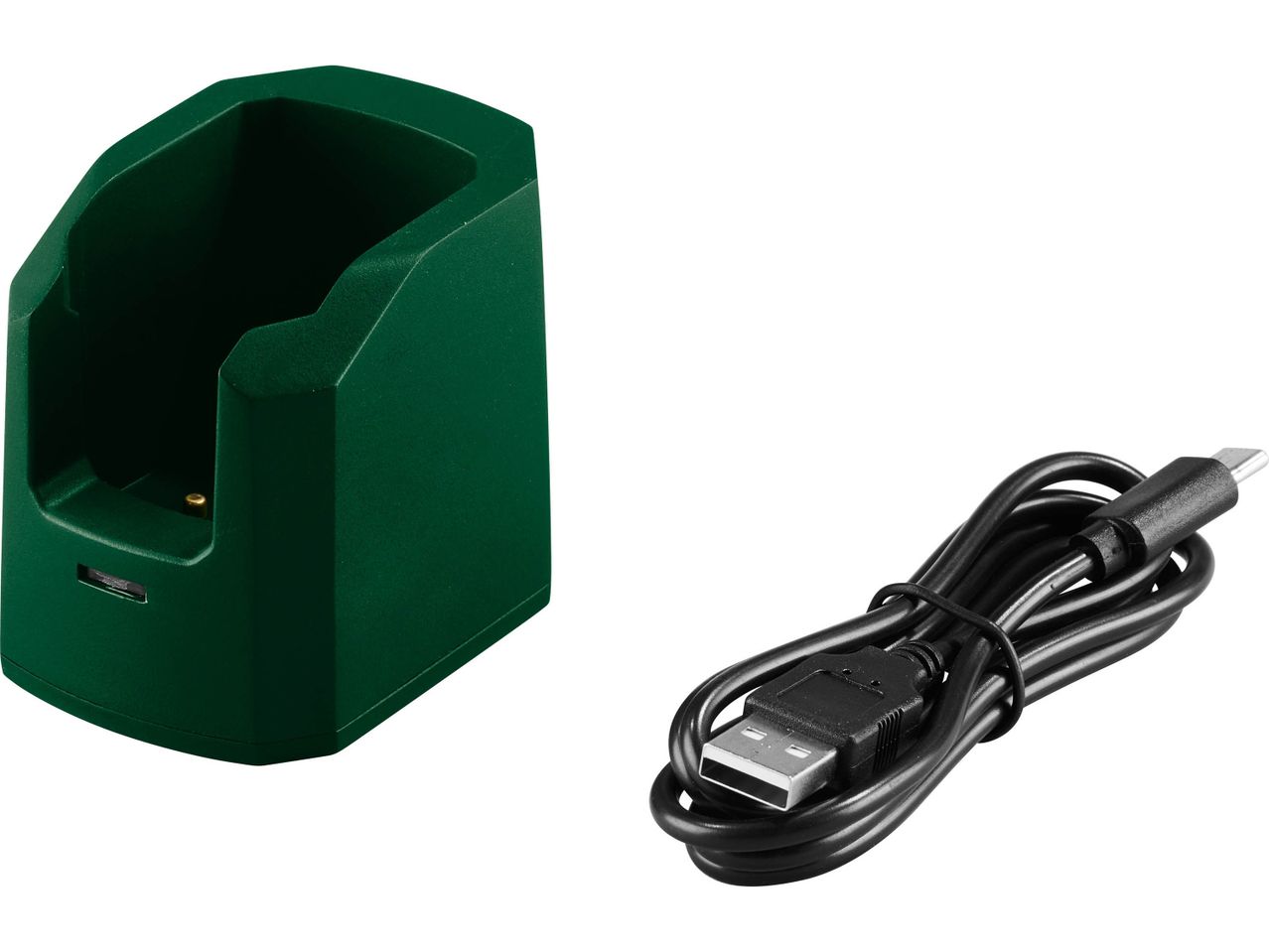 A dark green charging dock and a black USB cable.