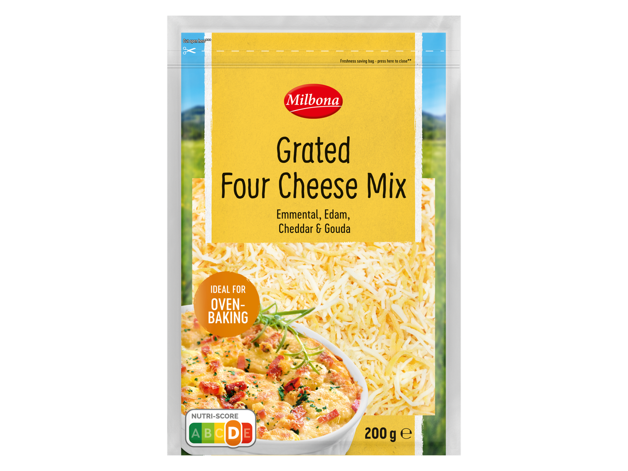 Milbona Geraspte Vier Kaas Mix met Emmentaler, Edam, Cheddar & Gouda, ideaal om te gratineren.