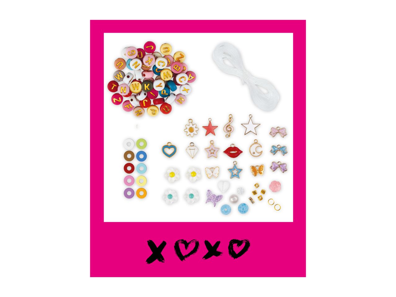DIY jewelry kit with alphabet beads, charms, string, and other accessories, with 'XOXO' text.