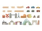 Wooden toy set with train tracks, cars, famous landmarks, and people.