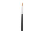 A single, thin artist's paintbrush with a black handle, silver ferrule, and orange bristles.