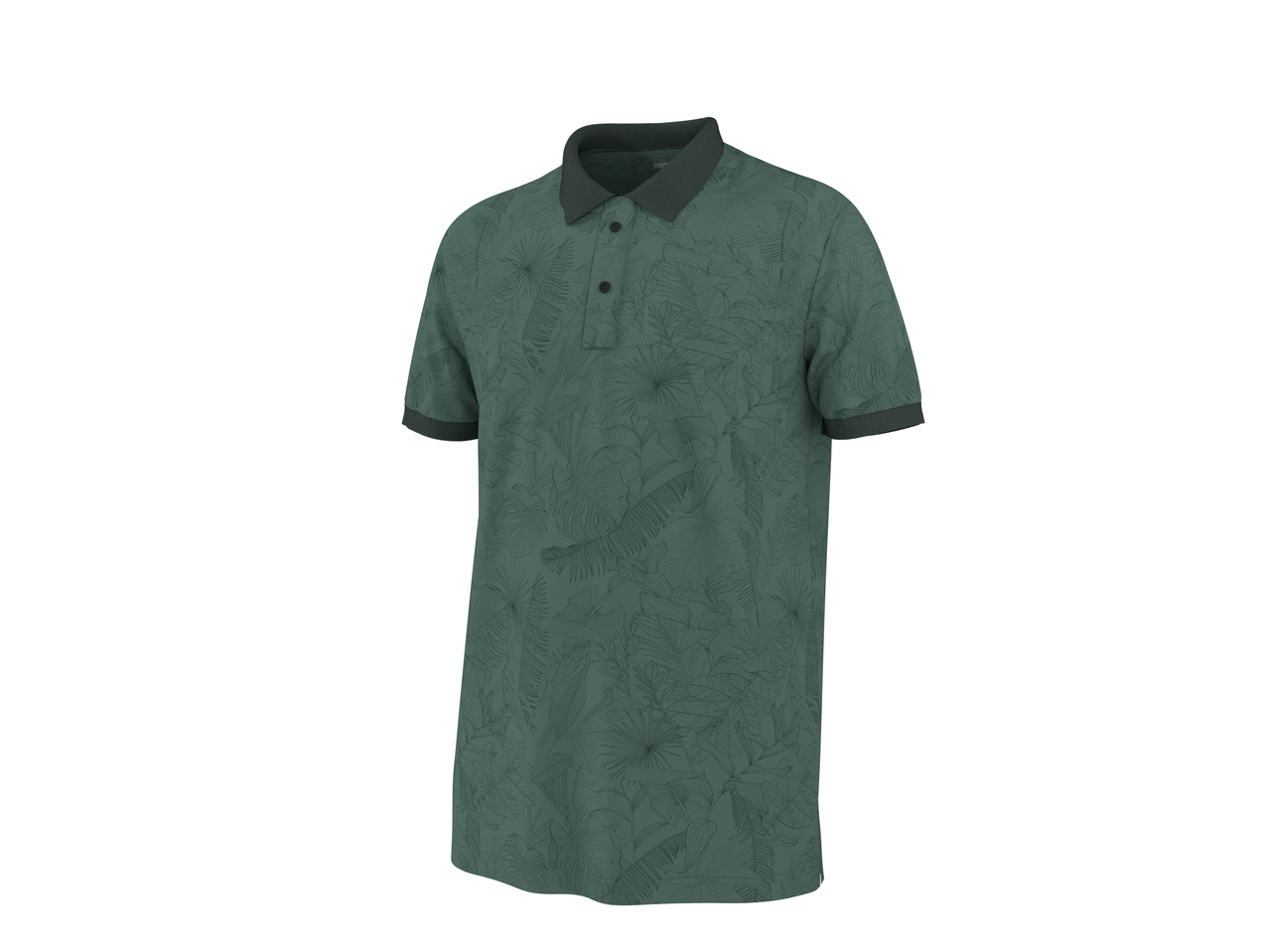 Men's dark green polo shirt with a subtle tropical leaf pattern and dark collar and cuffs.