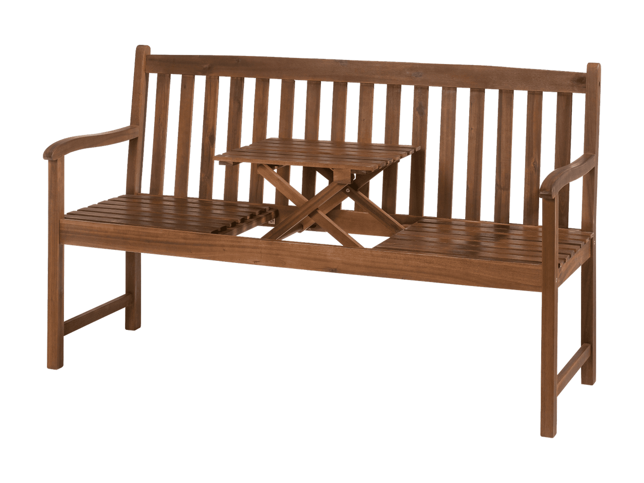 Braune Holzbank mit integriertem Klapptisch in der Mitte.