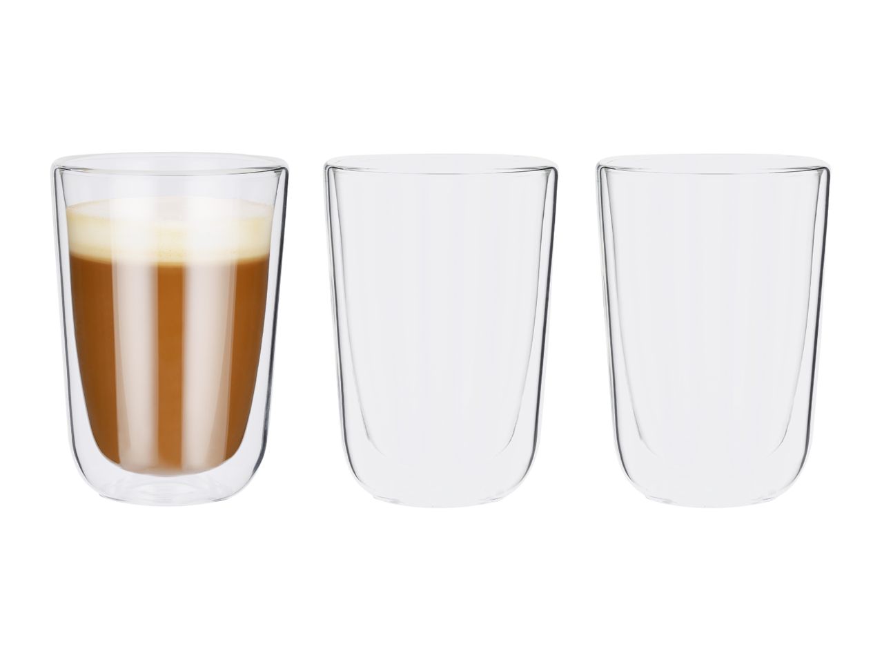 Three double-walled glasses, one filled with coffee, two empty, on a white background.
