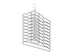 Stack of black metal hangers with chrome hooks, designed for space-saving storage.