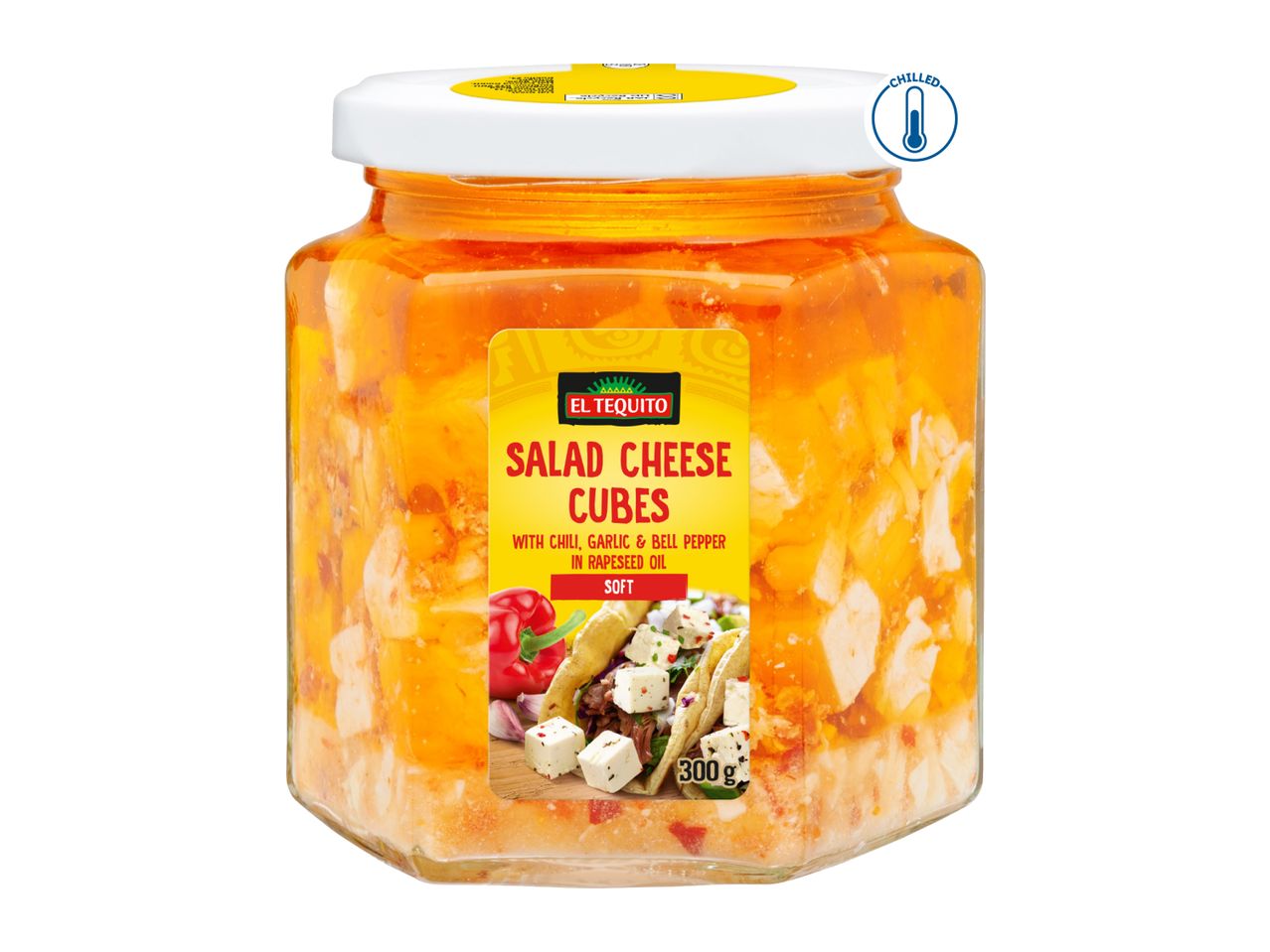 Jar of salad cheese cubes with chili, garlic, and bell pepper in rapeseed oil, 300g, chilled.