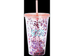 Glitter tumbler with straw, 'Good vibes only' text.