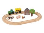Wooden farm train set with tractor, wagon, barn, apple tree, cow, pig, and rooster.