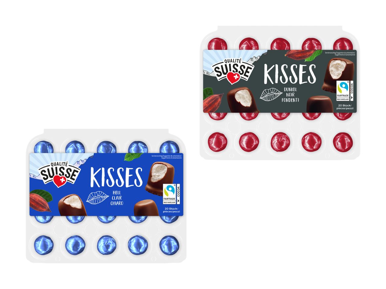 Zwei Kiss-Schokoladentafeln, eine mit dunkler und eine mit heller Schokolade, in Plastikverpackungen.