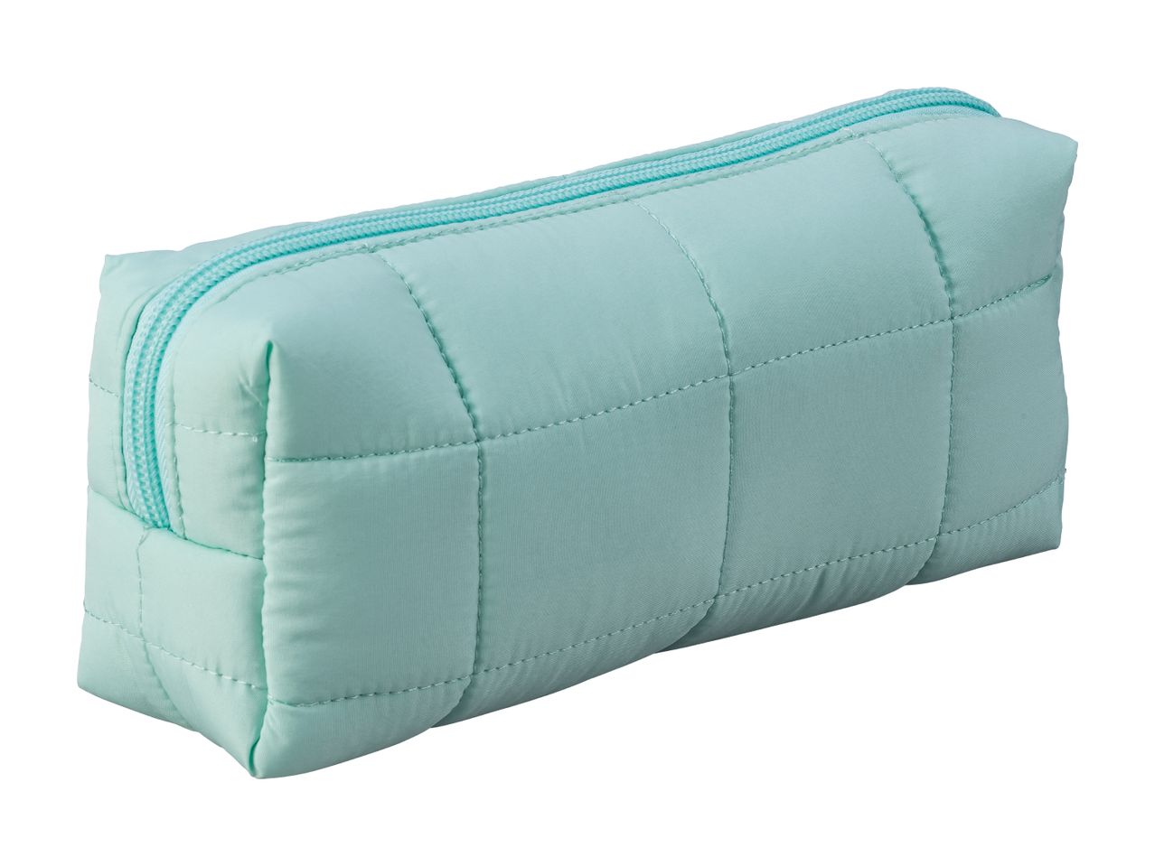 Light blue quilted pencil case with a zipper closure