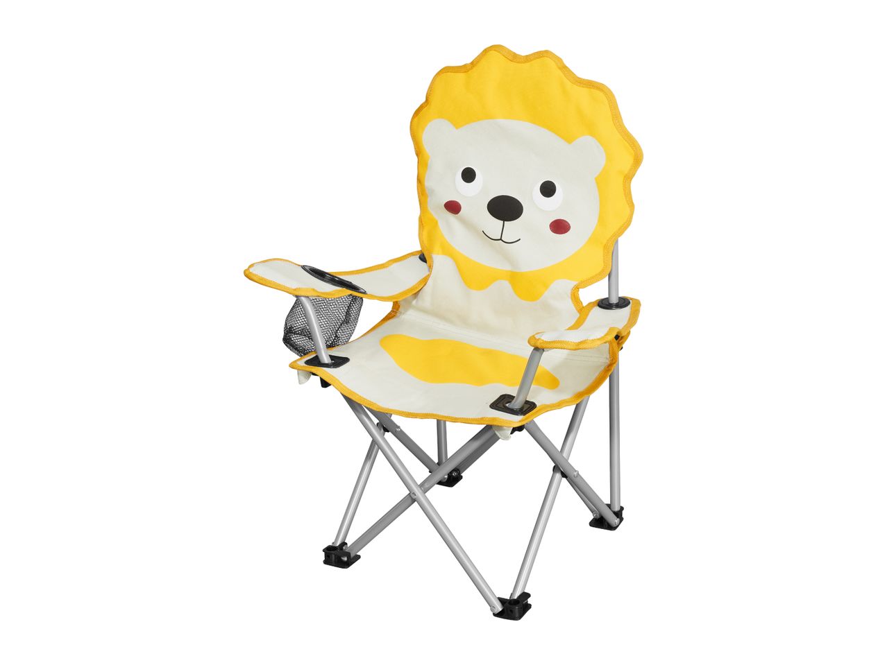 A yellow lion-themed children's folding chair with a mesh cup holder.