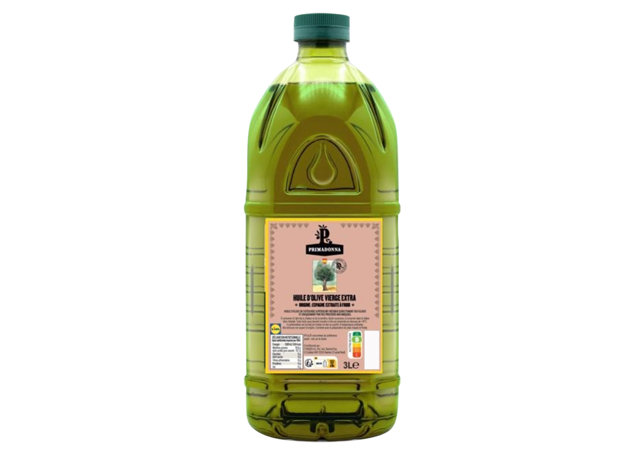 Bouteille d'huile d'olive extra vierge de 3 litres avec une étiquette rose et verte.