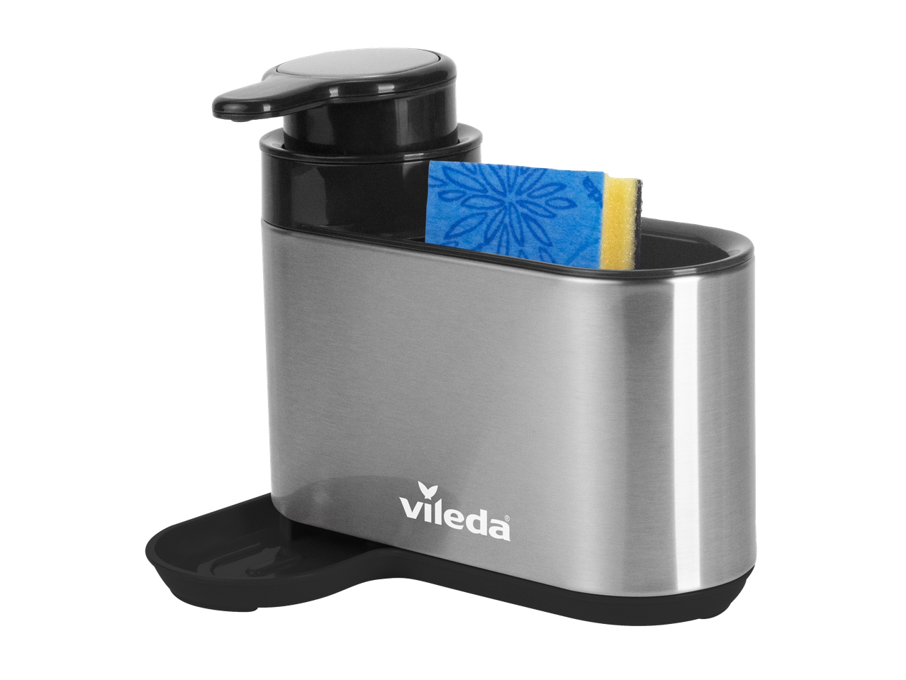 Organizador de pia Vileda com dispensador de sabão de aço inoxidável e esponja.