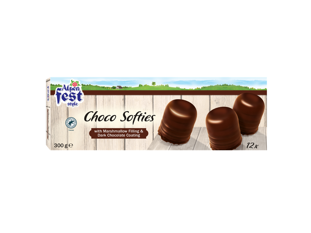 Alpen Fest Choco Softies: 12 stuks met marshmallowvulling en donkere chocolade coating.
