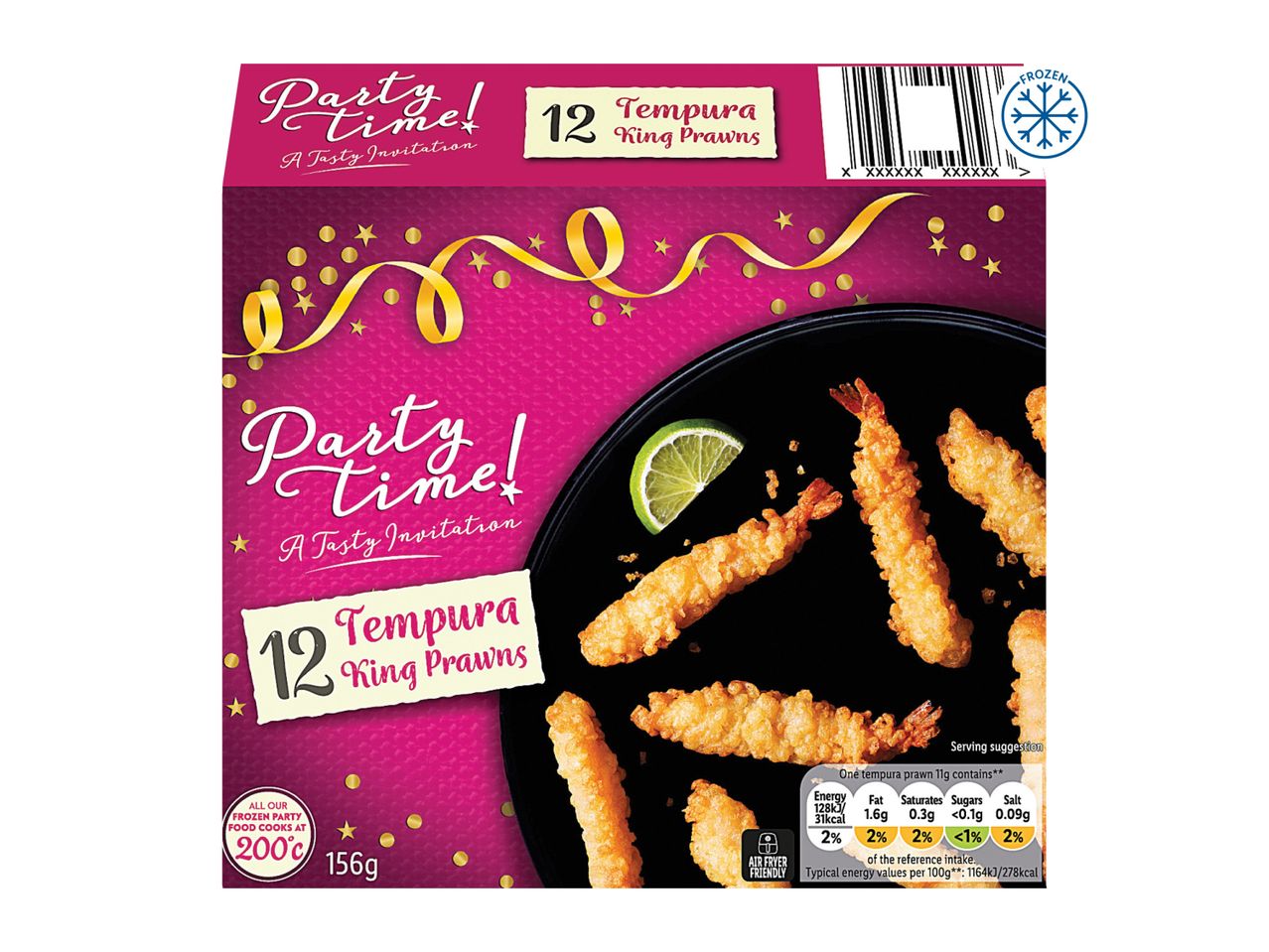 Party Time! 12 Tempura King Prawns with a lime wedge on a black plate.