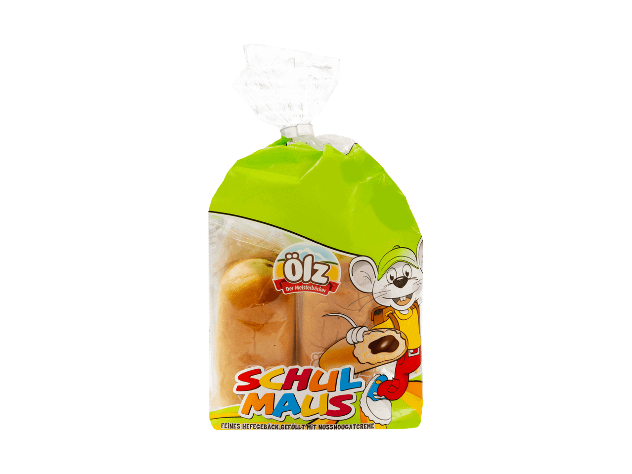Ölz Schulmaus Hefegebäck mit Nussnougatcreme in einer Verpackung.