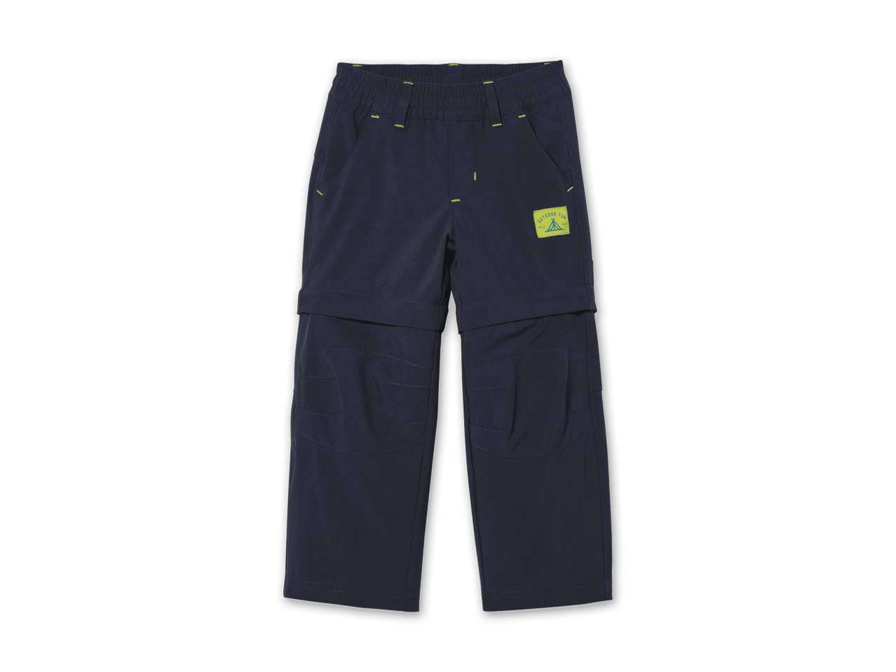 Dunkelblaue Kinder-Outdoorhose mit abnehmbaren Beinen und gelbem Aufnäher.