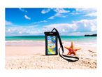 Waterproof phone case with a smartphone and a starfish on a sandy beach.