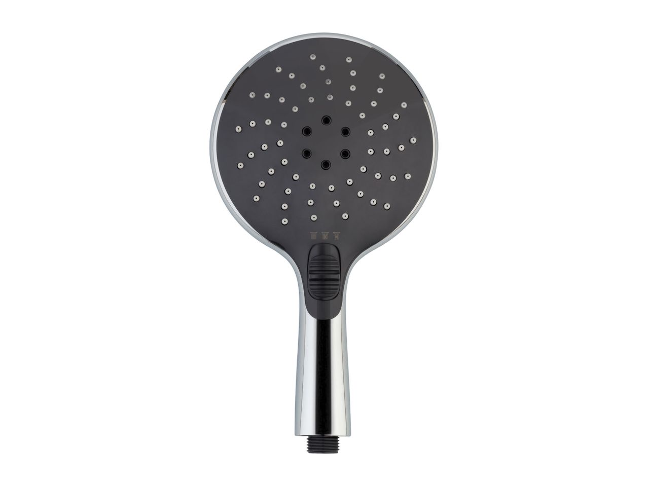 A dark gray handheld shower head with a chrome handle.