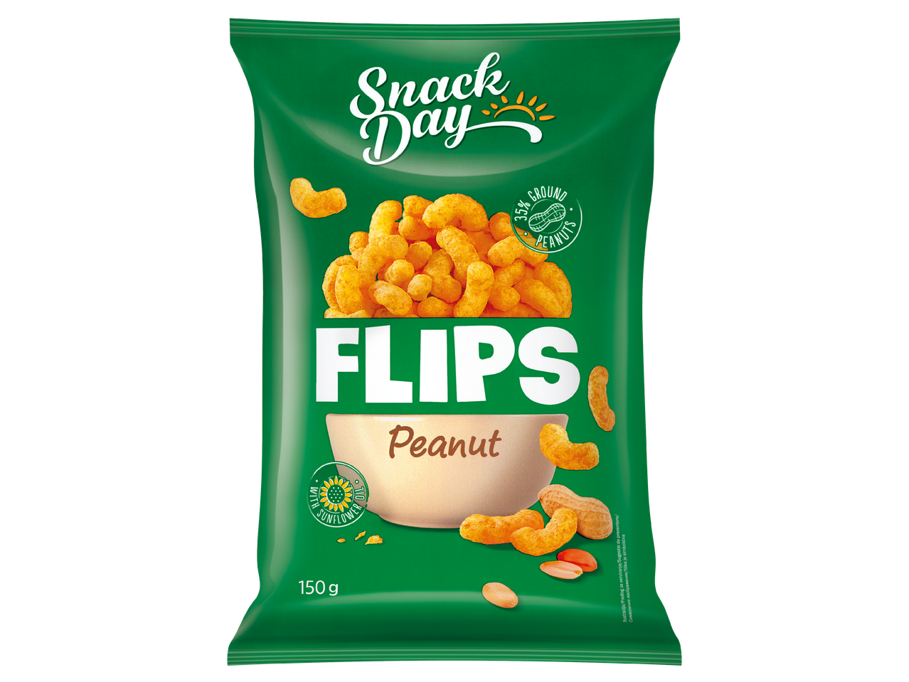 Зелена опаковка фъстъчени флипс с надпис „Flips Peanut“, 35% смлени фъстъци и 150 г.