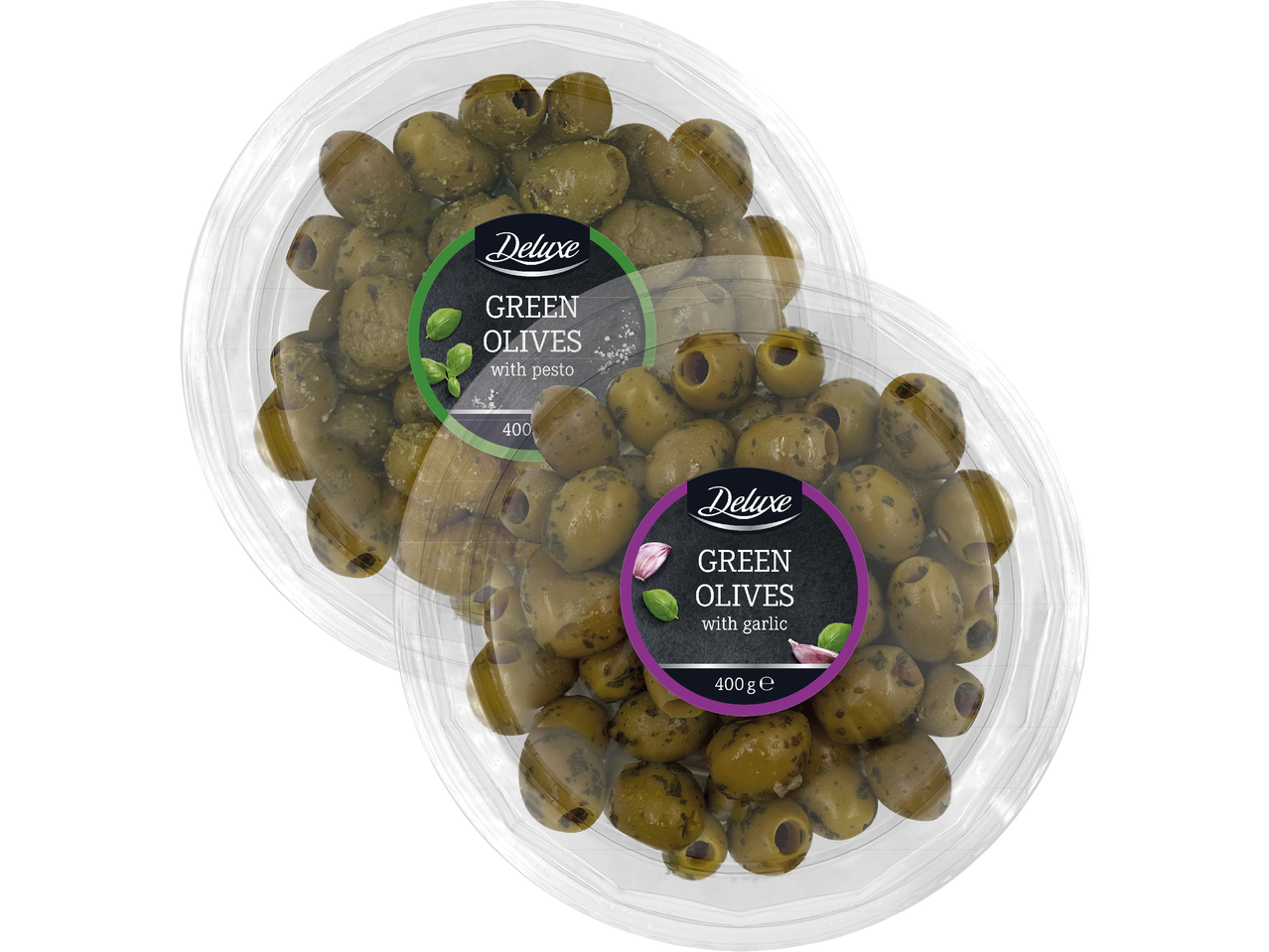 Två förpackningar med gröna oliver, en med pesto och en med vitlök.
