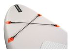 Close-up of the front of a white inflatable stand-up paddleboard with black bungee cords.