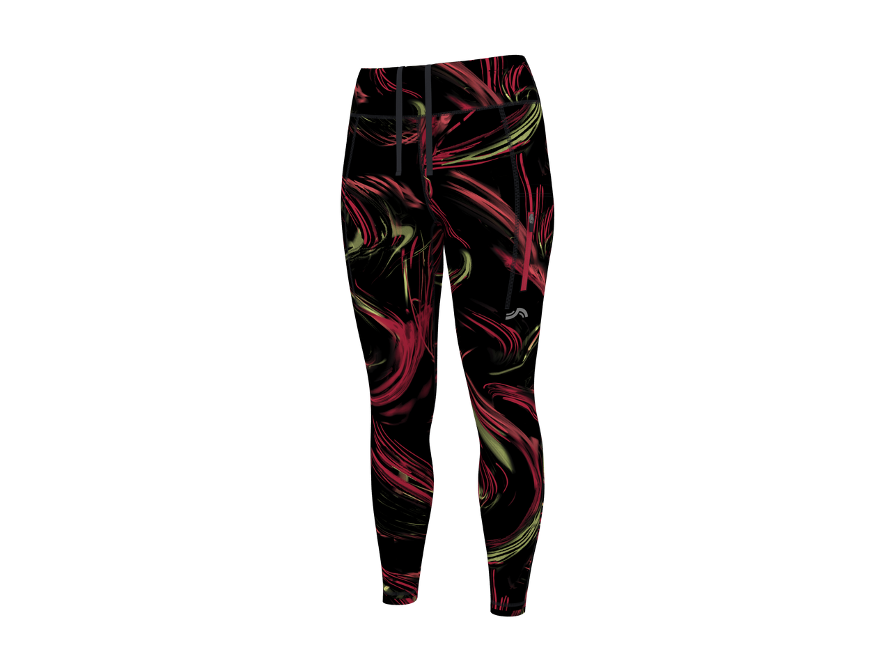 Black leggings with a vibrant red and yellow abstract swirl pattern, featuring a side pocket.