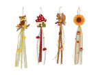 Vier herbstliche Dekorationen: Eule, Pilzhaus, Eichhörnchen und Sonnenblume mit Bändern.