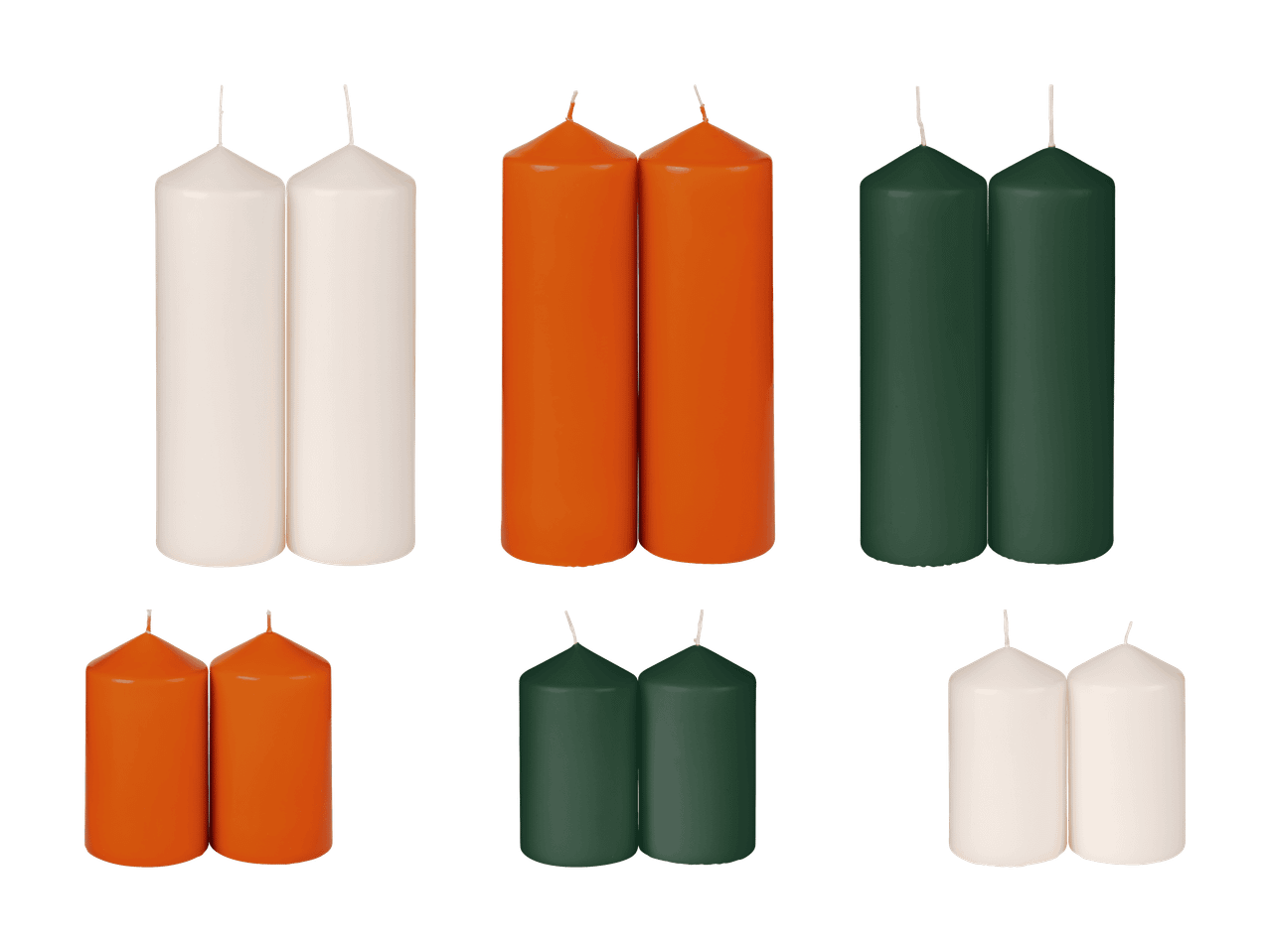 Zylindrische Kerzen in Weiß, Orange und Dunkelgrün, in zwei Größen.